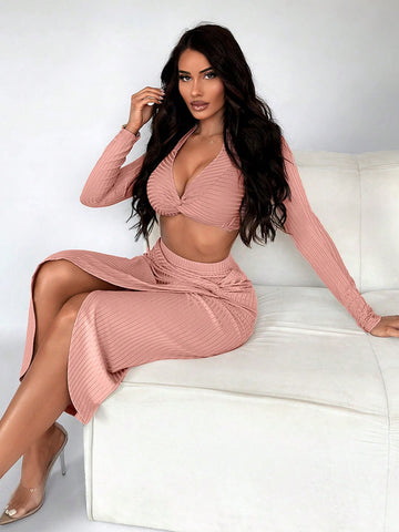 Women'S Sexy Pink Twist Knot V-Neck Midi Dress Set With Bodycon Skirt