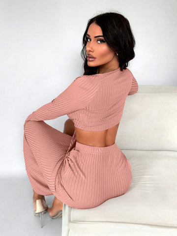 Women'S Sexy Pink Twist Knot V-Neck Midi Dress Set With Bodycon Skirt