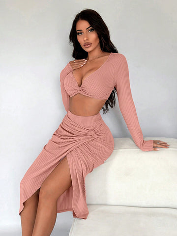 Women'S Sexy Pink Twist Knot V-Neck Midi Dress Set With Bodycon Skirt