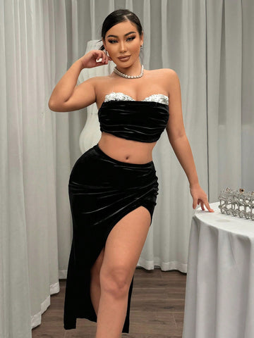 Women'S Sexy Sequined Strapless Top And High Slit Skirt Set