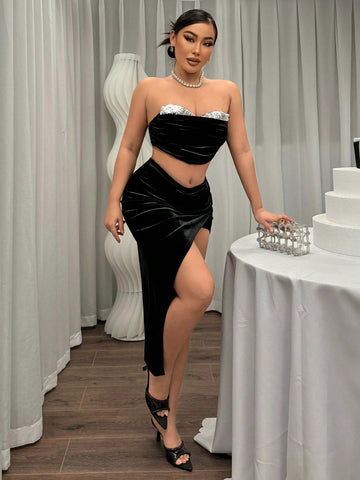 Women'S Sexy Sequined Strapless Top And High Slit Skirt Set