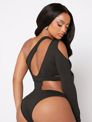Women'S Sexy Single Shoulder Long Sleeve Bodysuit With Hollow Out Irregular Design