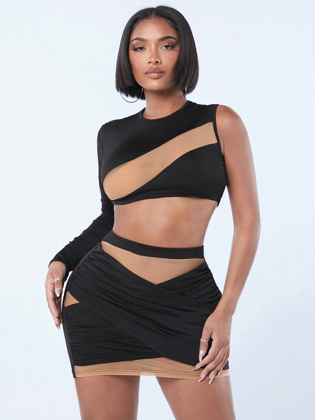 Women'S Sexy Valentine'S Day Club Outfit, Mesh Contrast Color Crop Top And Mini Skirt Two-Piece Set