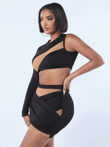 Women'S Sexy Valentine'S Day Club Outfit, Mesh Contrast Color Crop Top And Mini Skirt Two-Piece Set