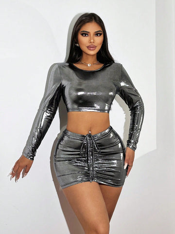 Women'S Silver Hollow Out Backless Metal Fabric T-Shirt And Pleated Skirt Set