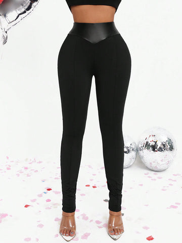 SXY Women'S Splicing Pu Leather Leggings