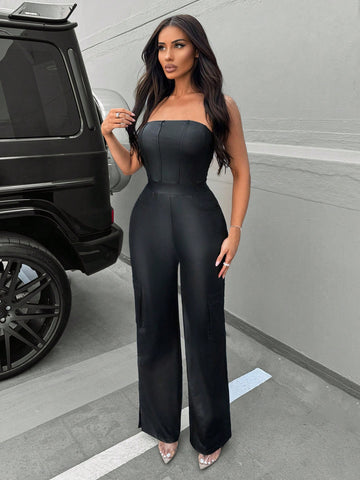 Women'S Spring Sexy Clothing Club Valentine'S Day Workwear Pu Leather Tube Top Jumpsuit