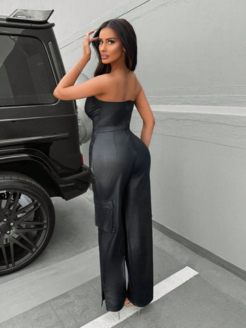 Women'S Spring Sexy Clothing Club Valentine'S Day Workwear Pu Leather Tube Top Jumpsuit