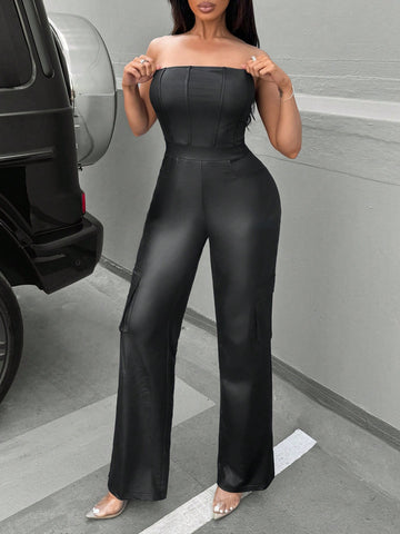 Women'S Spring Sexy Clothing Club Valentine'S Day Workwear Pu Leather Tube Top Jumpsuit