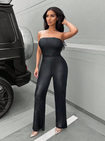 Women'S Spring Sexy Clothing Club Valentine'S Day Workwear Pu Leather Tube Top Jumpsuit