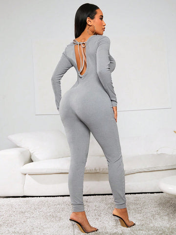 Women'S Square Neck Backless Bodycon Jumpsuit With Strap Detail