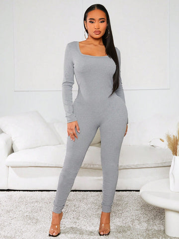 Women'S Square Neck Backless Bodycon Jumpsuit With Strap Detail