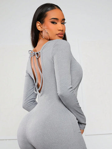 Women'S Square Neck Backless Bodycon Jumpsuit With Strap Detail