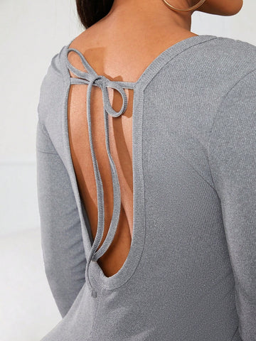 Women'S Square Neck Backless Bodycon Jumpsuit With Strap Detail