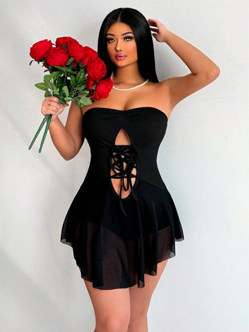 Women'S Strap Mesh Patchwork Bandeau Skinny Jumpsuit