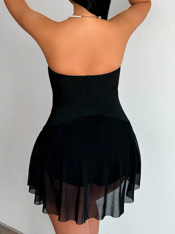 Women'S Strap Mesh Patchwork Bandeau Skinny Jumpsuit