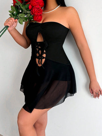 Women'S Strap Mesh Patchwork Bandeau Skinny Jumpsuit