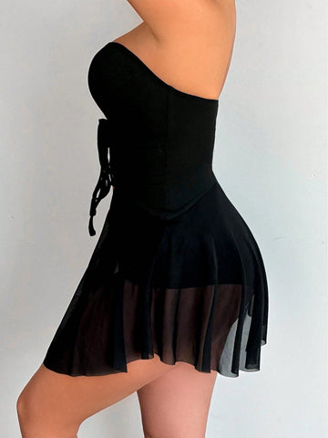 Women'S Strap Mesh Patchwork Bandeau Skinny Jumpsuit