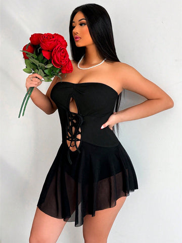 Women'S Strap Mesh Patchwork Bandeau Skinny Jumpsuit