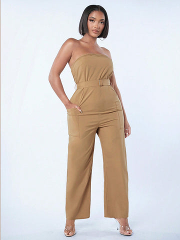 Women'S Strapless Jumpsuit With Double Pockets And Belted Waist