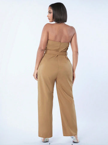 Women'S Strapless Jumpsuit With Double Pockets And Belted Waist