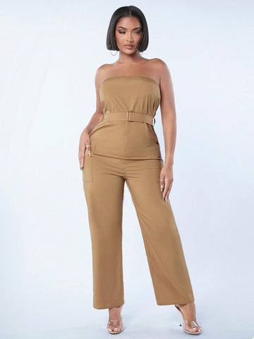 Women'S Strapless Jumpsuit With Double Pockets And Belted Waist