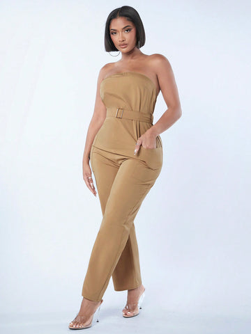 Women'S Strapless Jumpsuit With Double Pockets And Belted Waist