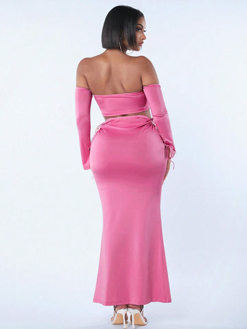 Women'S Strapless Long-Sleeved Lace-Up Crop Top And Fishtail Skirt Two-Piece Set