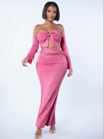 Women'S Strapless Long-Sleeved Lace-Up Crop Top And Fishtail Skirt Two-Piece Set