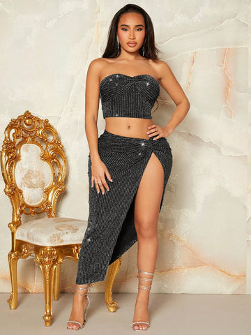 Women'S Suit Valentine'S Day Birthday Party Sexy Outfit Club New Year'S Top Silver Skirt New Year'S Women'S Clothes Christmas Women'S Clothes Twist High Slit Tube Top Gretel Elegant Party Women'S Mid-Length Women'S Two-Piece Set