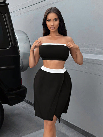 Women'S Two-Piece Contrasting Tube Top And Irregular Hem Skirt Set