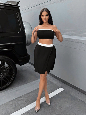 Women'S Two-Piece Contrasting Tube Top And Irregular Hem Skirt Set