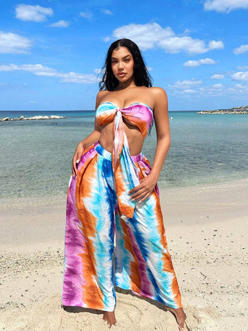 Women 2-Piece Set Tie-Dye Bandeau Top And Wide-Leg Pants, Suitable For Summer, Vacation, Beach