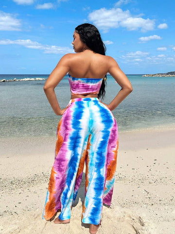 Women 2-Piece Set Tie-Dye Bandeau Top And Wide-Leg Pants, Suitable For Summer, Vacation, Beach