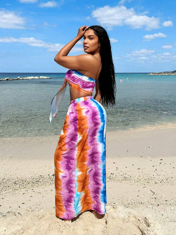 Women 2-Piece Set Tie-Dye Bandeau Top And Wide-Leg Pants, Suitable For Summer, Vacation, Beach