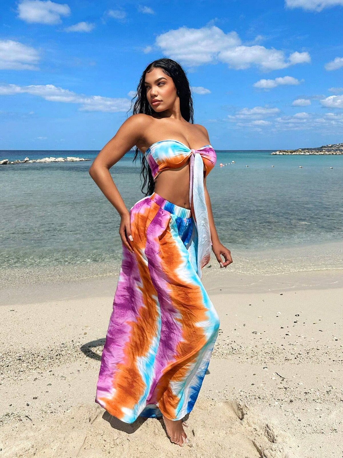 Women 2-Piece Set Tie-Dye Bandeau Top And Wide-Leg Pants, Suitable For Summer, Vacation, Beach