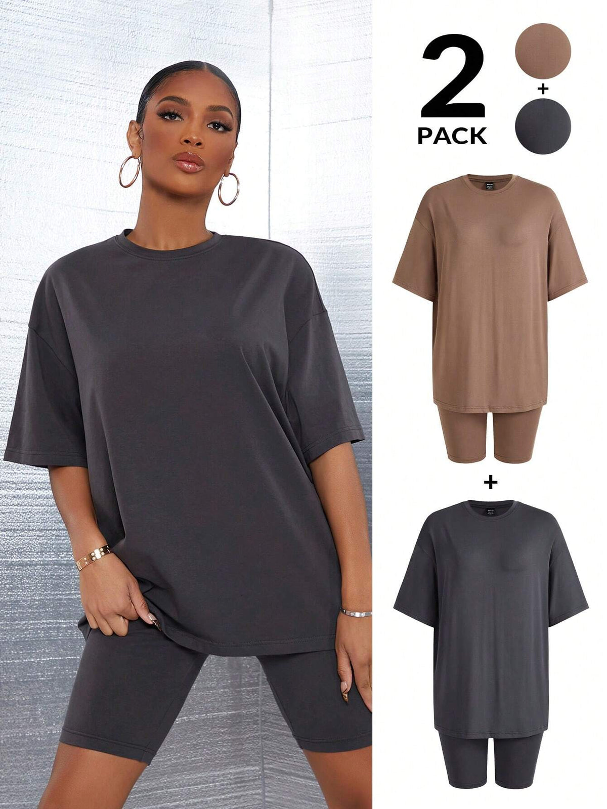 Women 2 Sets Of Summer Solid Color Round Neck Loose Short Sleeve T-Shirt And Shorts Casual Outfit