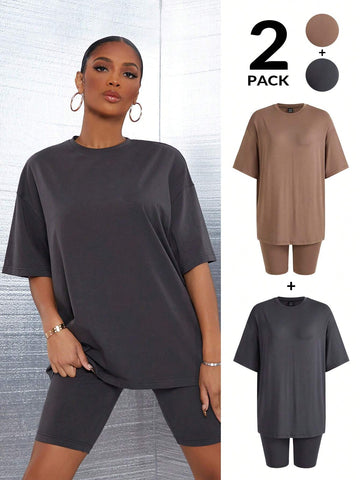 Women 2 Sets Of Summer Solid Color Round Neck Loose Short Sleeve T-Shirt And Shorts Casual Outfit