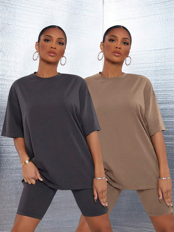 Women 2 Sets Of Summer Solid Color Round Neck Loose Short Sleeve T-Shirt And Shorts Casual Outfit