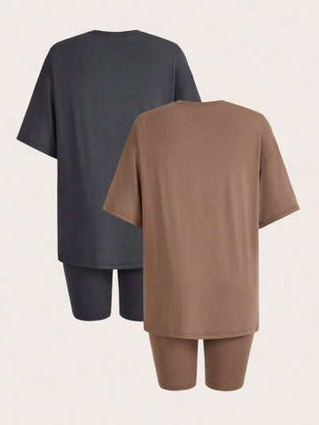 Women 2 Sets Of Summer Solid Color Round Neck Loose Short Sleeve T-Shirt And Shorts Casual Outfit