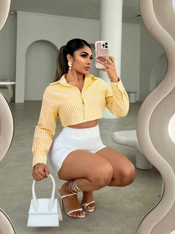 Women Casual Loose Short Striped Shirt, Autumn