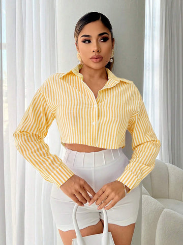 Women Casual Loose Short Striped Shirt, Autumn