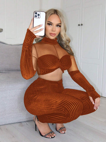 Women Co Ords Mesh Insert Mock Neck Crop Velvet Top & Leggings