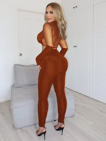 Women Co Ords Mesh Insert Mock Neck Crop Velvet Top & Leggings