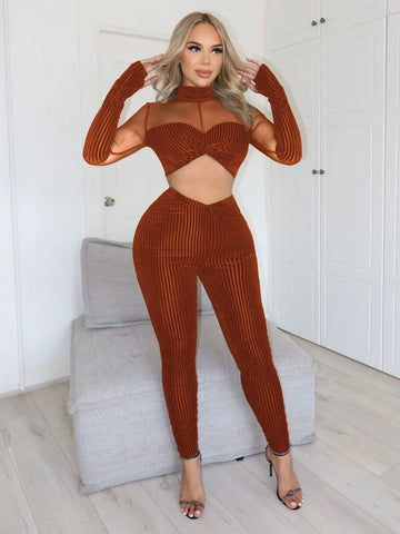 Women Co Ords Mesh Insert Mock Neck Crop Velvet Top & Leggings