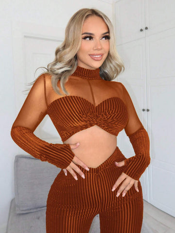 Women Co Ords Mesh Insert Mock Neck Crop Velvet Top & Leggings