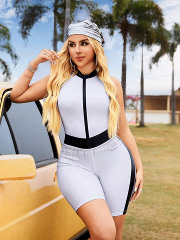 Women Concert Costume Music Festival Y2K Color Block Half Zip Short Sleeve Bodycon Jumpsuit