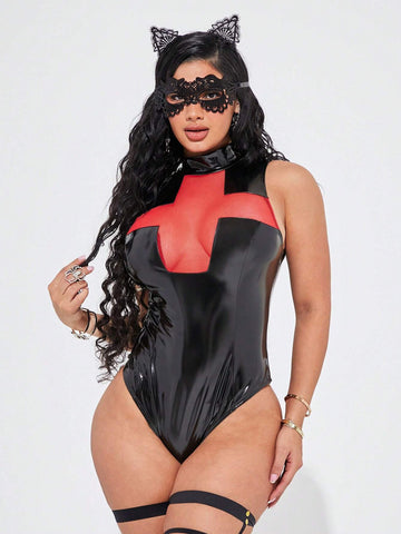 Women Contrast Color PU Leather & Mesh Splice Sexy Bodysuit