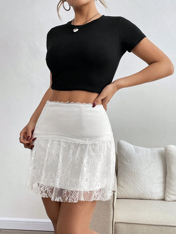 SXY Women Elegant Solid Color Lace Patchwork Skirt