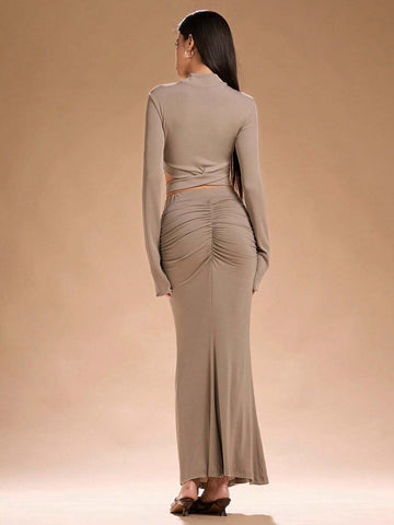 Women Fall Clothes, Mock Neck Long Sleeve T-Shirt With Criss-Cross Hem, Crop Tee